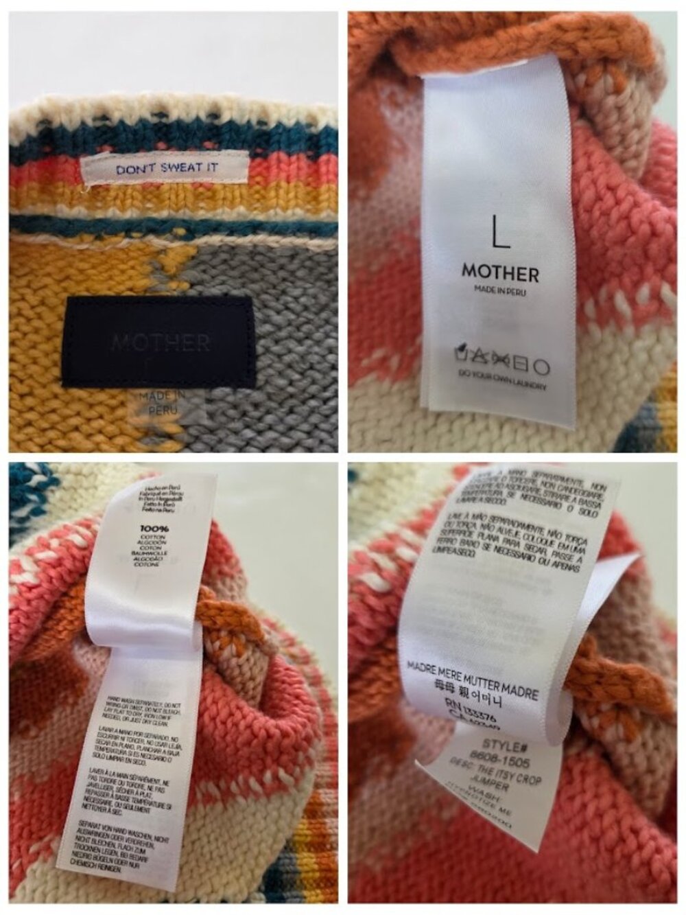 Mother The Itsy Crop Jumper Sweater Cotton Hypnotize Me Multicolor L - Picture 12 of 14